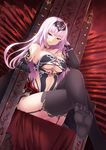  :p bare_shoulders breasts cait chair crossed_legs elbow_gloves feet garter_straps gloves hair_ornament highres large_breasts long_hair original pink_hair red_eyes sitting smile solo thighhighs throne tiara tongue tongue_out 