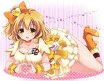  blonde_hair boots breasts choker cleavage cure_pine fresh_precure! heart heart_hands large_breasts looking_at_viewer magical_girl okayashi orange_choker precure shoe_dangle short_hair skirt smile solo yamabuki_inori yellow_eyes 