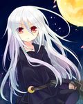  cherry_blossoms crescent full_moon kantai_collection kikuzuki_(kantai_collection) long_hair moon moonlight nagasioo night night_sky red_eyes school_uniform serafuku sky solo white_hair 