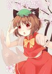  animal_ears bou_(5421851) brown_hair cat_ears cat_tail chen cherry_blossoms chestnut_mouth hat highres mob_cap multiple_tails nekomata red_eyes short_hair solo tail touhou two_tails 