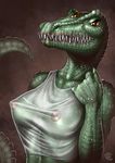  2014 anthro breasts clothed clothing crocodile female half-dressed happy inert-ren looking_at_viewer nipples reptile scalie sharp_teeth shirt smile solo teeth third_eye wet wet_t-shirt 