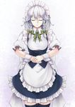  apron black_legwear braid closed_eyes izayoi_sakuya light_smile maid maid_headdress puffy_short_sleeves puffy_sleeves shirt short_sleeves silver_hair simple_background skirt skirt_set solo thighhighs touhou twin_braids underbust utakata_(kochou_no_yume) vest waist_apron white_background wrist_cuffs zettai_ryouiki 