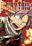  1boy fairy_tail fire hand_on_hip long_sleeves looking_at_viewer male male_focus mashima_hiro natsu_dragneel official_art open_mouth pink_hair scarf solo teeth 