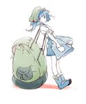  backpack bag blue_eyes blue_hair boots full_body hair_bobbles hair_ornament hat iwamoto_zerogo kawashiro_nitori looking_at_viewer short_hair simple_background solo touhou two_side_up white_background 