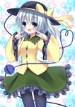  :d black_legwear blue_eyes blush bow esureki fingers_to_cheeks hat hat_bow hat_ribbon komeiji_koishi long_hair open_mouth pantyhose ribbon silver_hair smile solo third_eye touhou 