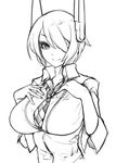  breasts eu03 eyepatch greyscale hair_over_one_eye headgear kantai_collection large_breasts monochrome necktie short_hair sketch smile solo tenryuu_(kantai_collection) 