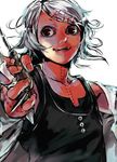  androgynous hair_ornament hairclip male_focus red_eyes scissors shiromi_(ringo) simple_background smile solo stitches suzuya_juuzou tank_top tokyo_ghoul weapon white_hair 