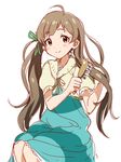  blush brown_eyes brown_hair dani-ikapi hair_brushing hakozaki_serika idolmaster idolmaster_million_live! long_hair looking_at_viewer simple_background smile solo very_long_hair white_background 