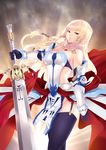  armor bare_shoulders blonde_hair blue_eyes braid breasts cait cape cleavage gloves highres large_breasts long_hair original solo sword thighhighs weapon 