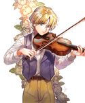  bad_id bad_pixiv_id banned_artist belt blonde_hair blue_eyes dress_shirt floral_background flower gundam gundam_wing instrument looking_at_viewer male_focus momo_alto music pants playing_instrument quatre_raberba_winner shiny shiny_hair shirt signature smile solo standing vest violin 