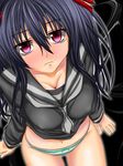  bangs black_hair black_serafuku blush bow bow_panties breasts cleavage collarbone covered_nipples eyebrows eyes_visible_through_hair green_panties groin hair_ornament hair_ribbon himeno_mikoto kaii_shoukougun large_breasts long_hair looking_at_viewer navel no_pants outline panties red_eyes ribbon rotated school_uniform serafuku sidelocks solo striped striped_panties underwear watarui 