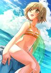  :d bikini braid brown_eyes brown_hair cloud collarbone day dutch_angle hair_ornament hairclip hidamari_sketch highres innertube navel ocean open_mouth outdoors rock short_hair sitting sky smile solo striped striped_bikini swimsuit ume-sensei water wet when_you_see_it yuno yuri-0609 