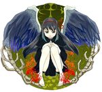  akemi_homura bad_id bad_pixiv_id barefoot black_hair dress feathered_wings fixative flower full_body funeral_dress hair_ribbon long_hair mahou_shoujo_madoka_magica mahou_shoujo_madoka_magica_movie purple_eyes ribbon solo spider_lily spine spoilers squatting white_background wings 