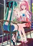  artist_name blue_eyes blush bra chair dress earrings green_hair hair_ribbon hairband hatsune_miku highres jewelry long_hair megurine_luka multiple_girls necklace okingjo open_mouth open_toe_shoes pale_skin pink_hair ribbon sandals see-through shoes shorts sitting spoon table twintails underwear very_long_hair vocaloid window yuri 
