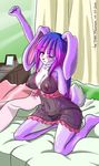  babydoll bed blanket bow breasts ecchi female fur hair lagomorph long_ears mammal morning nightgown nipples nude one_eye_closed photo purple_fur purple_hair rabbit solo the-dark-mangaka underwear 