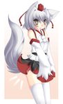  animal_ears bare_shoulders blush breasts detached_sleeves fang grey_eyes hat inubashiri_momiji looking_at_viewer momosemocha open_mouth pom_pom_(clothes) short_hair silver_hair small_breasts solo tail tokin_hat touhou white_legwear wolf_ears wolf_tail 