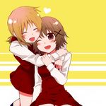  blonde_hair brown_eyes brown_hair heart hidamari_sketch highres hug kimigiku long_hair miyako multiple_girls school_uniform smile wince yuno 