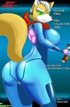  absurd_res anthro areola back_turned big_breasts big_butt breasts butt camel_toe canine crossgender english_text erect_nipples female fox fox_mccloud fur hi_res huge_breasts looking_at_viewer mammal nintendo nipples nobody147 pussy solo star_fox text video_games zero_suit zerosuit 