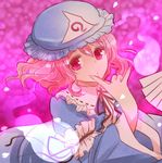  \n/ fan folding_fan ghost hat ichiemu_(picric) petals pink_eyes pink_hair saigyouji_yuyuko solo touhou triangular_headpiece 