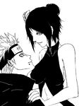  1boy 1girl akatsuki_(naruto) amegakure_symbol artist_request black_hair black_nail_polish breasts decomposition_f eye_contact forehead_protector hair_ornament hand_on_another&#039;s_shoulder hand_on_another's_shoulder konan labret_piercing large_breasts looking_at_another monochrome nail_polish naruto naruto_shippuuden ninja pain_(naruto) pain_(tendo) piercing rinnegan short_hair simple_background sketch smile spiked_hair 