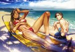  1boy 1girl absurdres agua-verde barefoot beach bikini black_lagoon breasts brown_eyes brown_hair chair cloud color dark_skin feet highres hiroe_rei large_breasts legs long_hair looking_at_viewer lounge_chair lying nail_polish navel ocean official_art okajima_rokuro on_back orange_nails red_bikini remy revy revy_(black_lagoon) shade shadow short_hair side-tie_bikini sitting sky sweat swim_trunks swimsuit tan tanline tattoo thighs toenail_polish toes translation_request water wet 