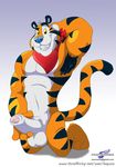  balls bandanna bayson_(artist) biceps big_balls big_muscles big_penis blue_nose collaboration feline grin kellogg's kneeling leaking looking_at_viewer male mammal muscles nude pecs penis pose precum presenting solo stripes text tiger tony_the_tiger uncut wolfblade 