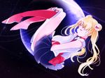  back_bow bishoujo_senshi_sailor_moon blonde_hair blue_sailor_collar blue_skirt boots bow choker closed_eyes double_bun earrings full_moon gloves highres hukikojyakku jewelry long_hair magical_girl moon red_bow red_choker sailor_collar sailor_moon sailor_senshi_uniform skirt solo tiara tsukino_usagi twintails white_gloves 