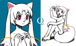  androgynous animal_ears blue_background grief_seed kyubey looking_at_viewer mahou_shoujo_madoka_magica nude open_mouth personification red_eyes silverxp simple_background sitting tail tongue white_background white_skin 