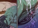  1girl aftersex bed breasts close-up cum eyes_closed fangs goblin green_skin monster monster_girl nezunezu orc pointy_ears pussy sleeping uncensored 