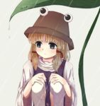  :&lt; blonde_hair blue_eyes fingernails frown hair_ribbon hands_on_own_knees hat leaf_umbrella long_sleeves mokou_(elowtf) moriya_suwako over-kneehighs rain ribbon short_hair sidelocks simple_background skirt skirt_set solo thighhighs touhou water_drop white_background white_legwear 