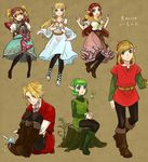  4girls agitha alternate_color bad_id bad_pixiv_id black_legwear blonde_hair blue_eyes boots bracelet brown_hair dual_persona earrings fairy gloves green_footwear green_hair harp hat instrument jewelry leggings link long_hair malon multiple_boys multiple_girls navi pantyhose pointy_ears princess_zelda saria skirt smile the_legend_of_zelda the_legend_of_zelda:_a_link_to_the_past the_legend_of_zelda:_ocarina_of_time the_legend_of_zelda:_skyward_sword the_legend_of_zelda:_twilight_princess tobacco_(tabakokobata) translated truth twintails 