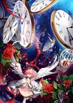  bow bubble clock closed_eyes flower hair_bow hair_ornament hair_ribbon hands_clasped highres lindy_(pclo) original own_hands_together pink_hair ribbon rose short_hair solo white_wings wings 