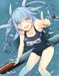  :d blue_hair fang i-19_(kantai_collection) kantai_collection looking_at_viewer mate@juken one-piece_swimsuit open_mouth pink_eyes pointing pointing_at_viewer school_swimsuit smile solo swimsuit torpedo twintails underwater 