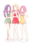  ayame_(pokemon) bare_legs blonde_hair blue_eyes botan_(pokemon) bow brown_eyes closed_eyes crossed_arms dress flower full_body green_dress grin gym_leader hair_flower hair_ornament hands_on_hips long_hair looking_at_viewer mei_(maysroom) multiple_girls pink_hair pokemon pokemon_(anime) pokemon_(classic_anime) purple_hair red_dress sakura_(pokemon) short_dress siblings sisters smile white_background yellow_dress 