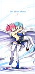  2girls arms_around_neck blue_hair blush boots cape carrying closed_eyes detached_sleeves face-to-face gloves hair_ornament hair_ribbon happy_birthday heart kaname_madoka magical_girl mahou_shoujo_madoka_magica mahou_shoujo_madoka_magica_movie miki_sayaka multiple_girls open_mouth pink_hair princess_carry ribbon school_uniform short_twintails silverxp skirt smile thighhighs twintails white_legwear zettai_ryouiki 