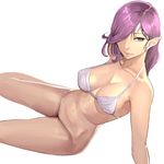  bikini bikini_top bottomless breasts collarbone copyright_request hair_over_one_eye hidezi large_breasts long_hair navel pointy_ears purple_eyes purple_hair simple_background solo swimsuit white_background white_bikini 