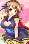  :d bat_wings blush breasts brown_hair cape cleavage cleavage_cutout gradient gradient_background hair_ornament hairband heart heart_background large_breasts nonoko open_mouth pauldrons purple_eyes real_life short_hair sleeveless smile solo sparkle wings wrestling_outfit yomogi_(becr) 