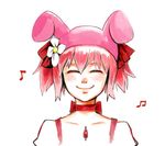  animal_ears animal_hat bangs borrowed_garments bunny_hat choker closed_eyes closed_mouth eighth_note facing_viewer fake_animal_ears flower hair_ribbon happy hat hat_with_ears humming kaname_madoka magical_girl mahou_shoujo_madoka_magica musical_note my_melody onegai_my_melody pink_hair pink_hat red_ribbon ribbon ribbon_choker short_hair short_twintails silverxp simple_background smile solo soul_gem twintails two_side_up upper_body white_background white_flower 
