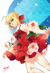  ahoge bad_id bad_pixiv_id blonde_hair casual dress fate/extra fate/extra_ccc fate_(series) flower green_eyes modern_costume_of_crimson nero_claudius_(fate) nero_claudius_(fate)_(all) puyue red_dress solo sundress 