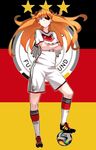  2014_fifa_world_cup annotated ball blue_eyes brazuca brown_hair crossed_arms flag_background frown full_body german_flag germany hairpods highres kneehighs long_hair makai neon_genesis_evangelion orange_hair rebuild_of_evangelion shikinami_asuka_langley shorts soccer soccer_ball soccer_uniform solo souryuu_asuka_langley sportswear world_cup 