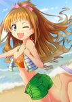  ;d aqua_eyes bad_id bad_pixiv_id beach bikini_top breasts cleavage day hair_ribbon high_ponytail hino_akane_(idolmaster) idolmaster idolmaster_cinderella_girls long_hair looking_at_viewer looking_back medium_breasts one_eye_closed open_clothes open_mouth orange_hair ribbon sandals shorts smile solo vest yuki_shiro 