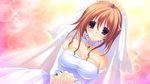  1girl bare_shoulders blush breasts bridal_veil bride brown_hair dress game_cg highres koi_mo_h_mo_obenkyou_mo_omakase!_oneechan-bu kumatora_tatsumi large_breasts looking_at_viewer purple_eyes short_hair simple_background smile solo veil wedding_dress 