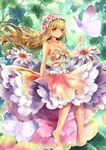  bare_shoulders barefoot blonde_hair bug butterfly dress flower hair_flower hair_ornament hairband insect kasugaya_(howafuwacat) long_hair minigirl original red_eyes solo very_long_hair 