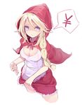  blonde_hair blue_eyes braid breasts cleavage cleavage_cutout commentary_request cropped_legs grin hood kojiki-life little_red_riding_hood little_red_riding_hood_(grimm) long_hair medium_breasts prostitution simple_background skirt skirt_lift smile solo speech_bubble white_background yen_sign 