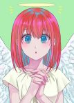  1girl :o absurdres angel bangs blue_eyes feathered_wings gintama green_background halo hands_together highres interlocked_fingers kagura_(gintama) kuroneko_w1nter looking_at_viewer nail_polish pink_nails red_hair shirt short_hair solo upper_body white_shirt wings 