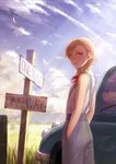  absurdres bare_arms blonde_hair braid building car cloud day feathers ground_vehicle hair_ornament hair_ribbon hairclip hands_in_pockets highres looking_at_viewer motor_vehicle original post ribbon romiy sign signpost sky solo twin_braids 