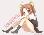  ahoge black_legwear brown_hair character_name gloves hair_ribbon kagerou_(kantai_collection) kantai_collection knees_up pleated_skirt purple_eyes ribbon sa_ioio school_uniform short_sleeves sitting skirt socks solo twintails twitter_username vest white_gloves yellow_ribbon 