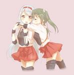  aqua_hair blush brown_eyes closed_eyes green_hair hair_ribbon headband hug japanese_clothes kantai_collection long_hair multiple_girls muneate namori_(style) pleated_skirt ribbon sa_ioio shoukaku_(kantai_collection) skirt thighhighs twintails white_ribbon zettai_ryouiki zuikaku_(kantai_collection) 