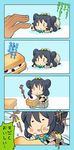  4koma all_fours blue_hair bow character_request chibi comic commentary_request eating food_request hair_bow jewelry necklace original sitting sparkle suetake_(kinrui) tears translation_request |_| 