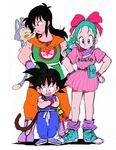  2boys :d belt belt_pouch black_hair blue_eyes bow braid bulma cat clothes_writing crossed_arms dragon_ball dragon_ball_(classic) dress eye_contact full_body green_hair hair_bow hair_ribbon hands_on_hips long_hair looking_at_another monkey_tail multiple_boys open_mouth pouch puar ribbon shoes simple_background sketch sleeveless smile sneakers socks son_gokuu spiked_hair staff standing tail wakame_(poly6) watch white_background wristband yamcha 